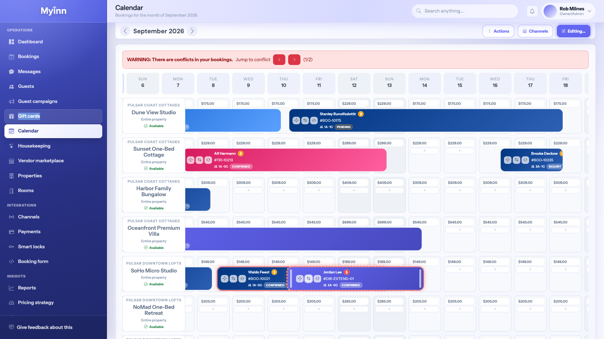 MyInn calendar showing bookings across rooms and nights