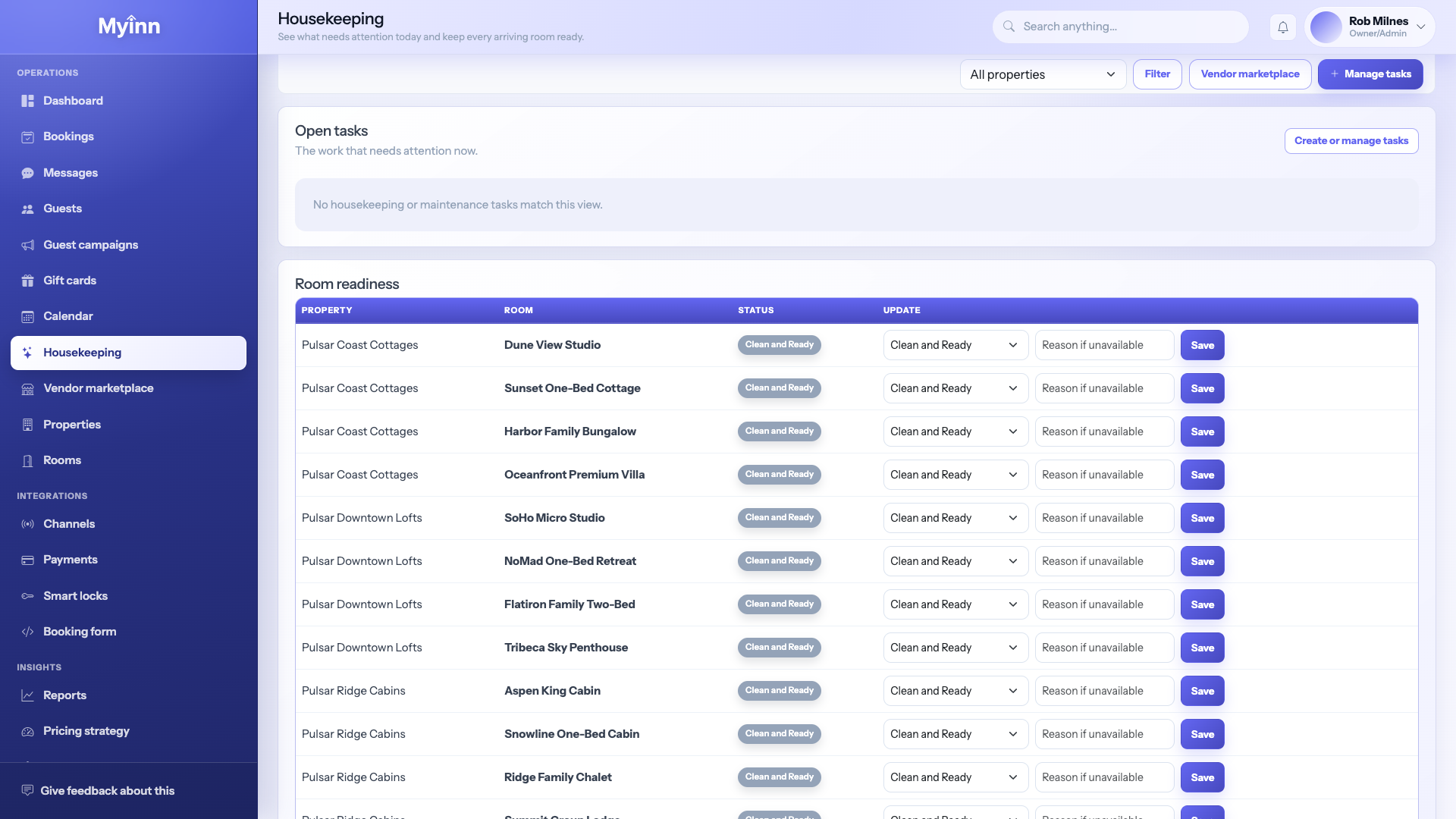 MyInn housekeeping board showing which rooms need cleaning