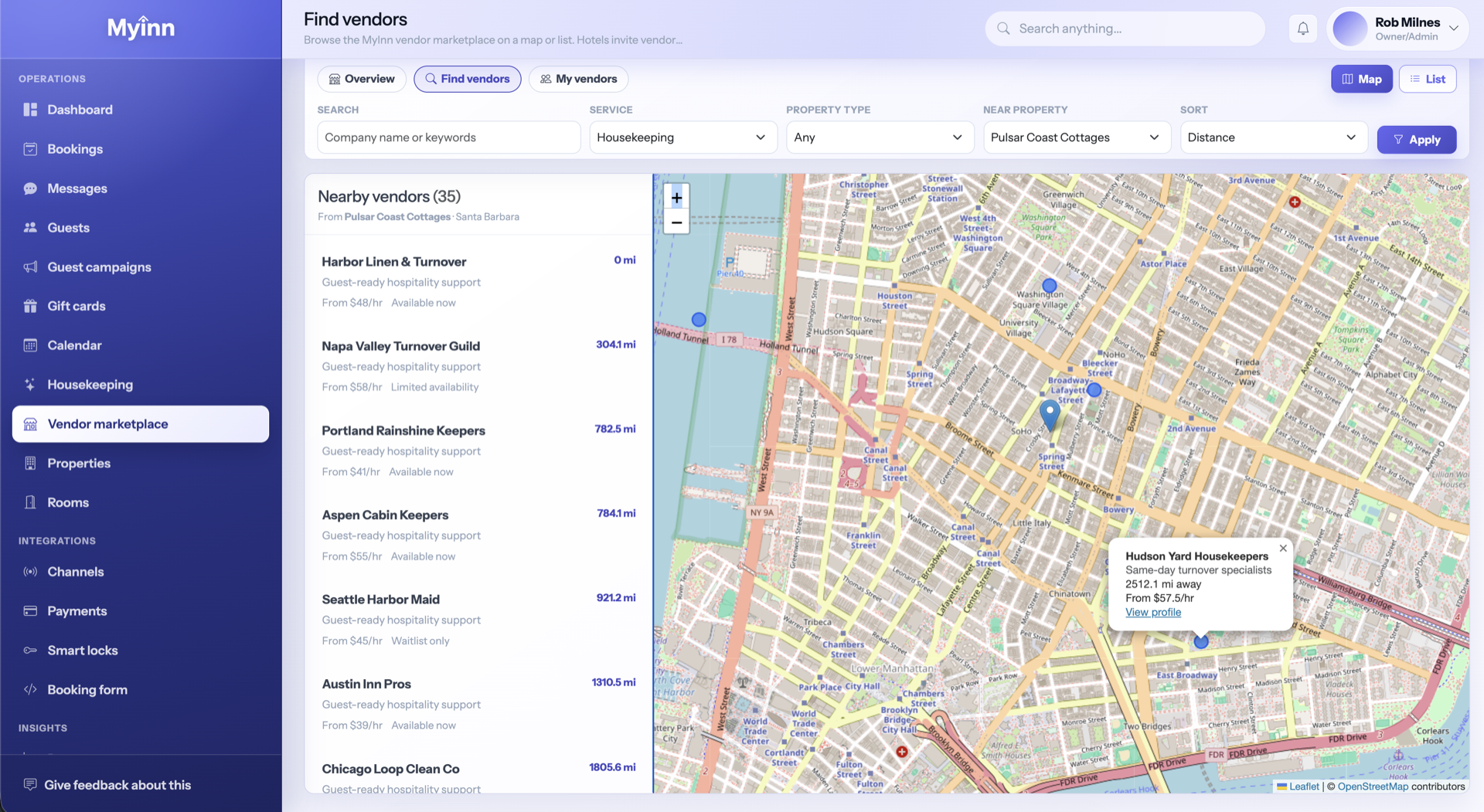 MyInn map of nearby cleaners and hospitality helpers